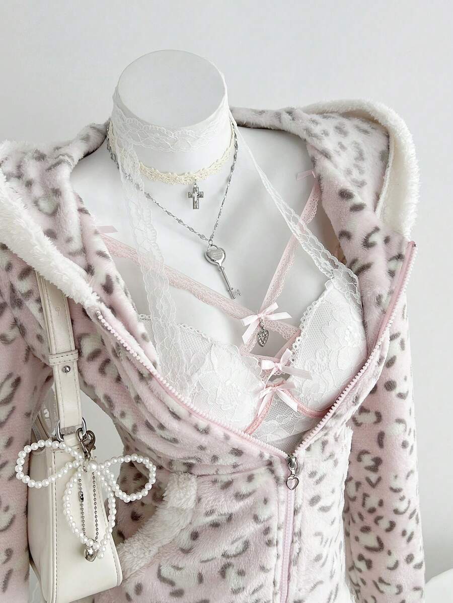 Elamini 秋冬季休闲女式撞色保暖内衬拉链卫衣，豹纹印花，柔软修身，适合返校和居家穿着 - 彩色 - 查看 1