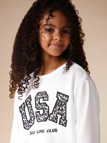 SUMWON Conjunto de sudadera con capucha y pantalón de chándal para niñas con estampado de leopardo y texto "USA" para uso casual en el hogar - Blanco - Ver 6