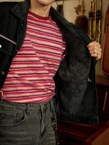 RivetRise Chaqueta de mezclilla negra de manga larga con cuello vuelto y bordado para hombre, chaqueta de mezclilla negra de otoño/invierno, chaqueta de mezclilla negra de concierto de pareja para estilo punk - Negro - Ver 6