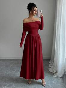Elenzga 女士优雅露肩纯色连衣裙，适合通勤 - 酒紅色 - 查看 5