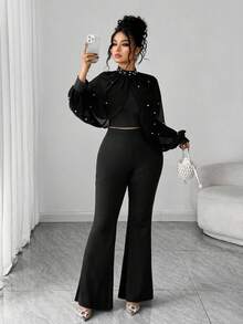 Elenzga Conjunto de dos piezas de talla grande para mujer, compuesto por una blusa de cuello alto ajustada con parches de malla y cuentas, emparejada con pantalones holgados de pierna acampanada, un conjunto elegante y sofisticado cómodo para uso diario y fiestas - Negro - Ver 7