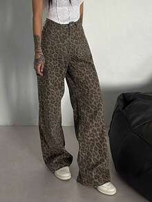 Dazy Tall 女式高腰/长款豹纹直筒休闲牛仔裤 - 棕色 - 查看 9