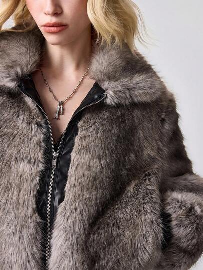 Grunge Punk Vintage Ombre Multicolor Faux Fur & PU Patchwork Open Front Women Jacket