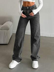 EURMUSE 100%Cotton Straight Leg Jeans Snow Wash - Dark Grey - View 7
