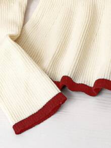 Franclia 法式优雅方领弹力修身长袖针织毛衣，撞色饰边可爱荷叶边套头衫，适合秋季返校日穿，荷叶边下摆针织上衣，适合秋冬 - 彩色 - 查看 5