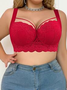 LustreForm Plus Size Women Comfortable Underwire Lace Bra - Red - View 4