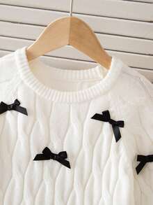 Young Girl Round Neck Raglan Sleeve Cable Bow Decor Ruffle Hem Casual Knit Sweater Dress - White - View 4