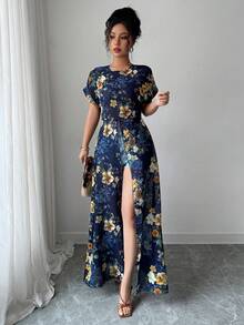 Elenzga Women's Floral Print Round Neck Short Sleeve Slit Hem Long Shirt For Vacation