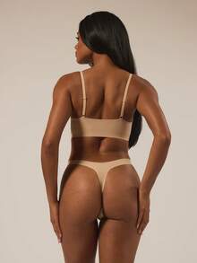 MUSERA ESSENTIALS V Plunge Adjustable Strap Bra And High Leg Thong Multipack Set Autumn Lounge Winter Fall Underwear Everyday Essential Spring Summer Vacation Holiday - Apricot - View 4