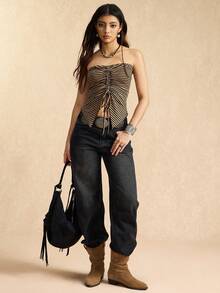 Easelle Canotta da donna a tubo con righe, coulisse frontale e orlo asimmetrico marrone - Castano - Visualizzare 4