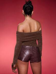Normani Bodyduit de cuello alto acanalado con hombros descubiertos de manga larga para otoño/invierno para mujeres - Marrón - Ver 2