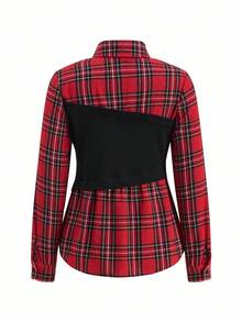 Gownix Plus Size Women's Black And Red Plaid Patchwork Shirt&Pants 2 Pieces Set,Chic Autumn Office Back-To-School Elegant Christmas New Year Party Clothes - Multicolor - View 11