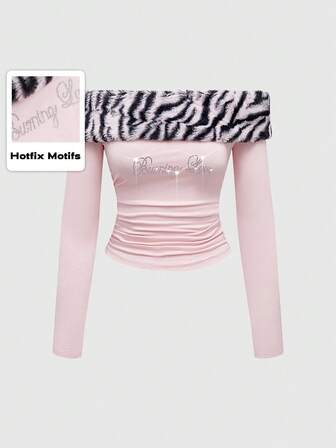 J-Fashion Blusa de mujer con ajuste ceñido, estampado de cebra de piel sintética, parches de estilo subcultura de Shibuya, y adornos de strass, para el Día de San Valentín