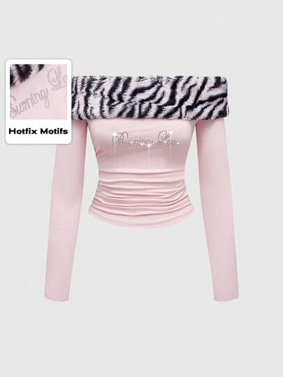 J-Fashion Shibuya Subculture Faux Fur Zebra Print Patchwork Knit Slim Fit Rhinestone Embellished Women Top, Valentine's Day