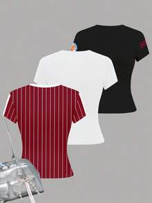 SHEIN 3 件套青少年女孩休闲简约紧身圆领短袖高腰短款常规 T 恤，采用复古条纹、豹纹印花、数字 98、运动徽章、字母图案，适合外出，轻松舒适，秋季多层穿着，时尚青少年，休闲装，运动数字图案 T 恤，返校，秋季服装 - 彩色 - 查看 2