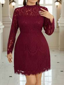 Ellevyn Vestido con adorno de encaje blanco elegante, vestido de manga y bajo con encaje floral de talla grande para mujer en primavera - Burdeos - Ver 5