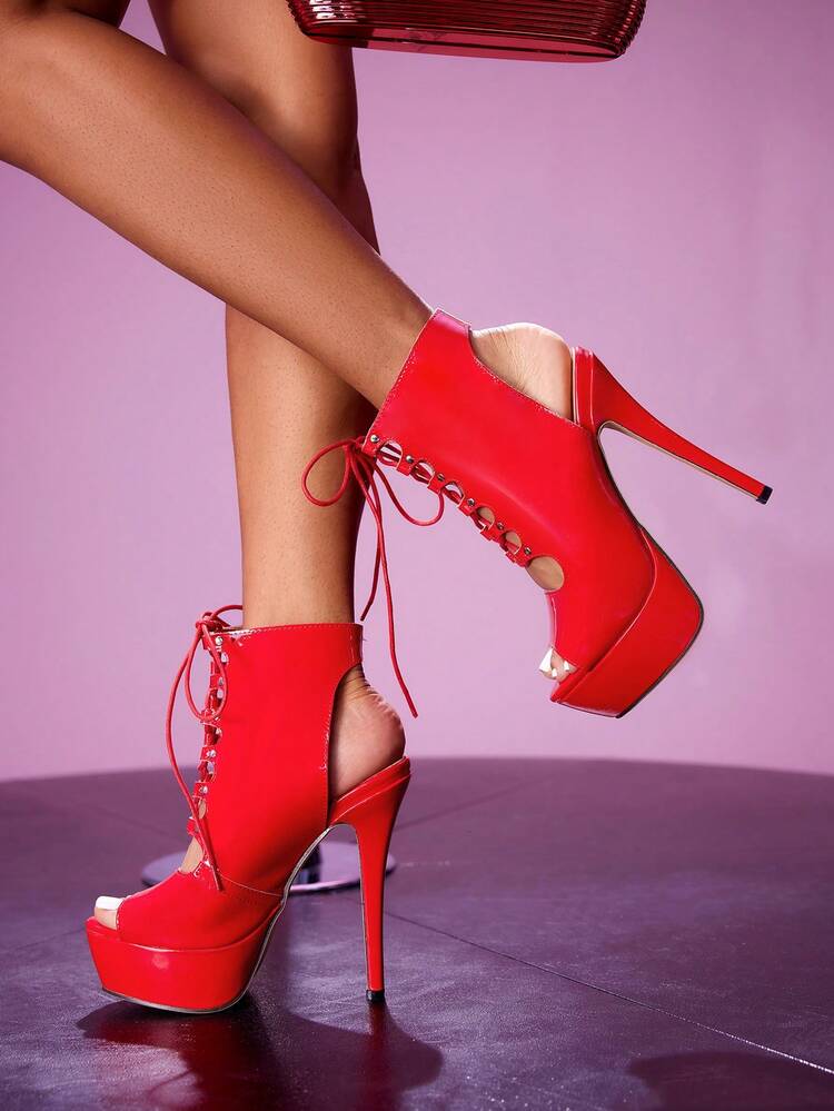 CUCCOO LuxiPop Women Shoes Stiletto Platform Shoes Lace-Up Boots Red Women's Boots Night Club Style Wear Sexy Fashion Wear Halloween Christmas Party Wear