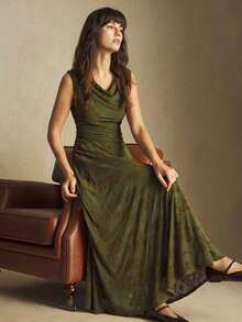 BizChic Olive Green,Summer,Retro,Tea Party Flocked Jacquard Open Shoulder Ruffle Hem Dress,Vintage Chic Elegant Casual Wedding Guest Party Outfit - Army Green - View 6