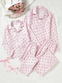 2pcs/Set Cute Bow Print Pattern Long Sleeve & Long Pants Casual Comfortable Pajamas For Teenage Girls Bow Print Pajama Pink Pajama Set Button Up Pajama Set Short Sleeve Pajama Pajama Sets For Women - Baby Pink - View 2