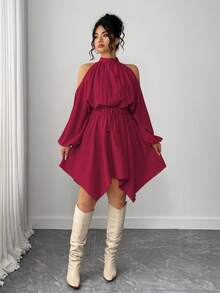 Elenzga Plus Size Women's Solid Color New Arrival Ruched Halterneck Long Sleeve Round Neck Elastic Waist Asymmetrical Hem Lantern Sleeve Bowknot Date Night Elegant Sophisticated Casual Loose Halter Minimalist Chic Street Style Romantic Graceful Autumn Dress - Burgundy - View 3
