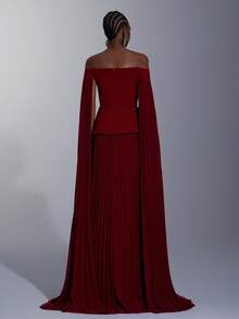 Elitara Elegant, Simple, And Stylish Burgundy, This Dress Features A Stretch Knit And Flowing Chiffon Design With Pleats, Off-The-Shoulder Neckline, Flowing Sleeves, A Full A-Line Silhouette, And A Train. Suitable For Formal Occasions, Weddings, Holidays, And Evening Gowns. - Burgundy - View 3