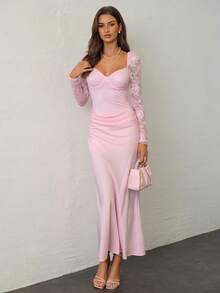Aloruh Đầm maxi ôm sát không dây phối ren hồng trơn màu dành cho nữ, tay dài, viền đuôi cá gợi cảm, thích hợp cho đám cưới, hẹn hò, tiệc tùng, ngày lễ tình nhân, xuân/hè/thu/đông - Hồng - Xem 1