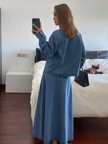 Livesso Women's Casual Denim Jacket And Skirt Set, Autumn - Blue - View 2