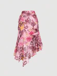 SHEIN MOD Váy lưới họa tiết hoa báo in nơ rút viền bất đối xứng cho kỳ nghỉ của phụ nữ - Nhiều màu - Xem 3