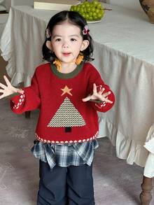 DAZY Sweater Lengan Panjang Leher Bulat Motif Blok Warna untuk Balita Perempuan, Tema Natal, Musim Gugur/Musim Dingin, Tahun Baru - Merah - View 6