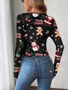 SHEIN LUNE 女士休闲长袖T恤，适合秋冬季作为内搭，圣诞可爱长袖上衣，可爱女式上衣，女士长袖上衣，圣诞衬衫，圣诞女装 - 黑色 - 查看 2