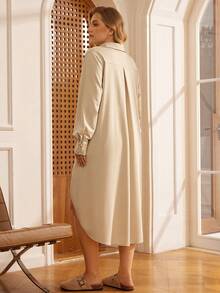 EMERY ROSE Đầm suông dài tay cổ bẻ màu trơn cỡ lớn dành cho nữ - Màu Khaki - Xem 2