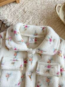 SHEIN 1pc Baby Girl Casual Daily Style Fall For Girl, Warmer Colorful Flower-Printing White Fabric Fleece Button Coat - Multicolor - View 4