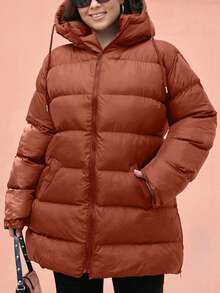 EURMUSE Plus Size Zip Up Drawstring Hooded Padded Coat - Brown - View 7