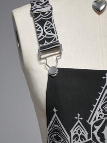 ROMWE Goth 女式哥特式城堡印花 A 字形背带连衣裙 - 黑色 - 查看 3