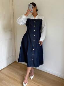 Dripcurv 大码秋冬蓝白撞色牛仔连衣裙，前襟纽扣设计，优雅女装，新年造型，圣诞节女装，感恩节女装 - 藍色 - 查看 6