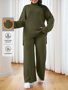 EURMUSE Suéter informal con cuello alto y cordones para tallas grandes - Verde militar - Ver 1