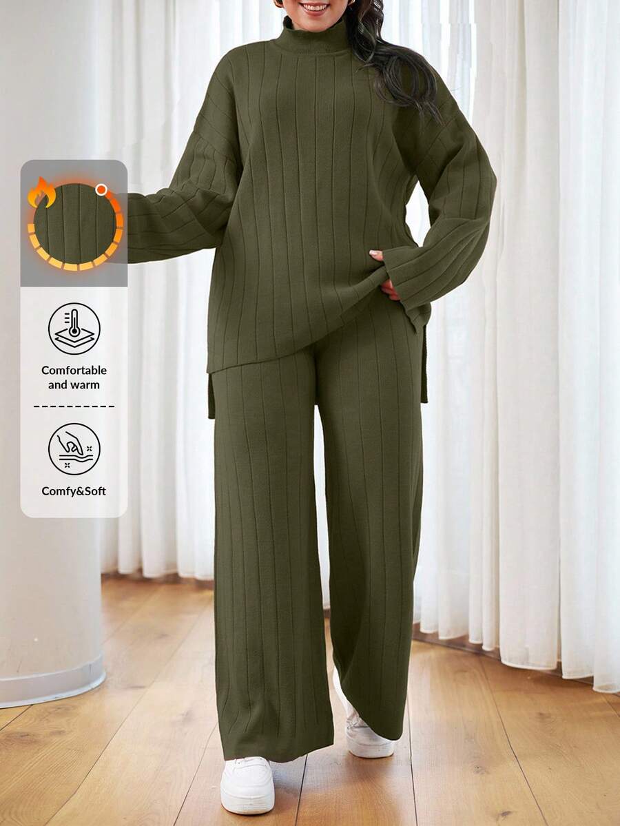 EURMUSE Suéter informal con cuello alto y cordones para tallas grandes - Verde militar - Ver 1