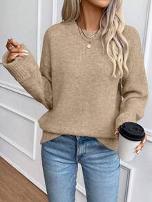 EMERY ROSE Women's Khaki Round Neck Reverse Cuff Fashionable Versatile Simple Wool Blend Pullover Sweater - Khaki - View 5