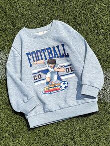 Captain Tsubasa X SHEIN Young Boy Sports Casual Football Player & Letter Graphic Round Neck Drop Shoulder Long Sleeve Knit Sweatshirt, Gray - Grey - View 1