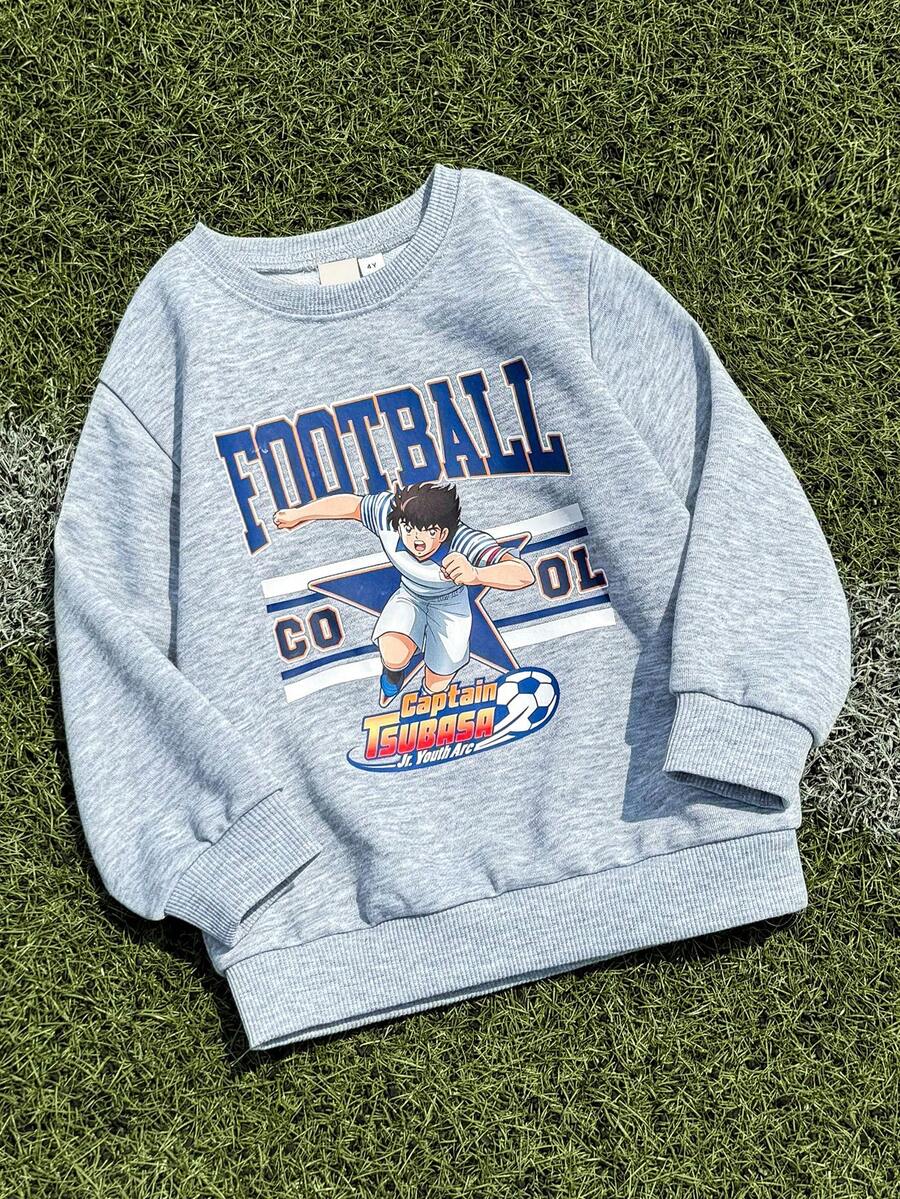 Captain Tsubasa X SHEIN Young Boy Sports Casual Football Player & Letter Graphic Round Neck Drop Shoulder Long Sleeve Knit Sweatshirt, Gray - Grey - View 1