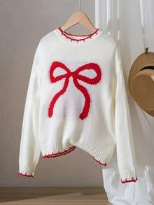 SHEIN Tween Girls' Casual Loose Fit Bowknot Pattern Round Neck Drop Shoulder Long Sleeve Sweater, Autumn/Winter - Multicolor - View 6