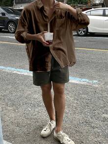 Men's Solid Color Long Sleeve Single Breasted Pocket Loose Casual Baggy Shirt, Autumn, Fall - Coffee Brown - View 4