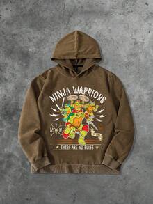ROMWE MEN TEENAGE MUTANT NINJA TURTLES | ROMWE Herren Lässig Pullover mit Schildkröten- und Buchstaben-Grafik, Fleece, Herbst - Kaffeebraun - Übersicht 3