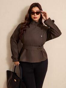 Elaquor Plus Size Women's Solid Color Lapel NeckLong Sleeve Double-Breasted Casual Jacket, Autumn/Winter Brown Office Old Money - Coffee Brown - View 5