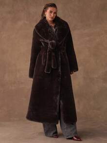 SHEIN BAE 女士时尚仿皮草饰边长款大衣，秋冬 - 黑色 - 查看 5