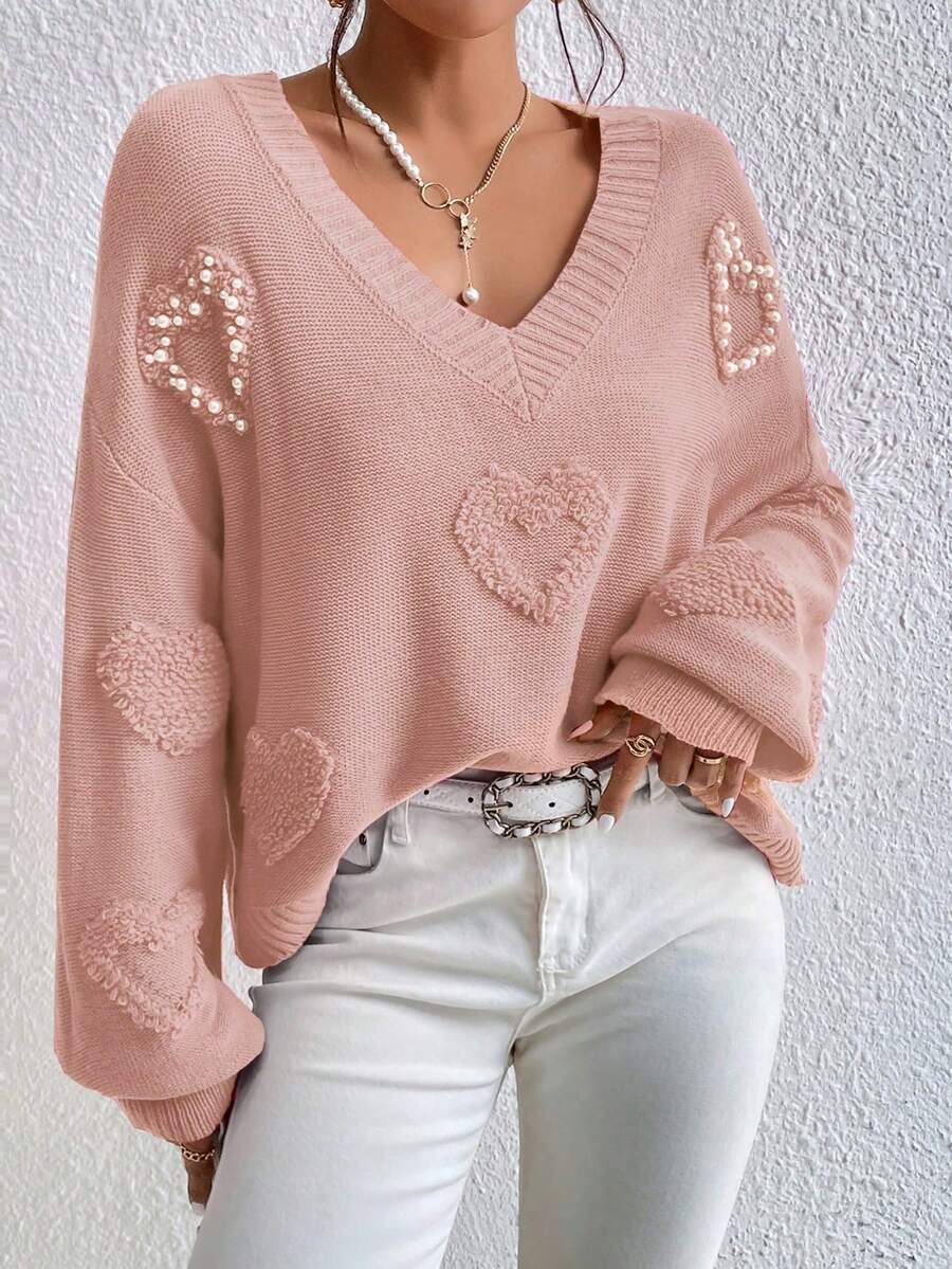 SHEIN LUNE Heart Pattern Drop Shoulder Faux Pearls Beaded Sweater,Long Sleeve Tops Knit Pullover Fall Winter Outfit