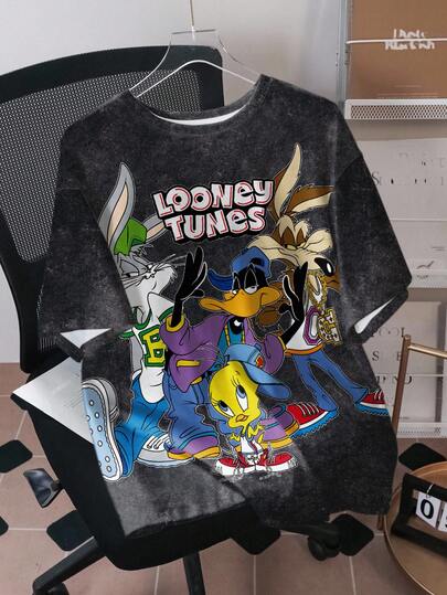 LOONEY TUNES X SHEIN Men's Casual Letter & Cartoon Graphic Round Neck Short Sleeve T-Shirt, Summer