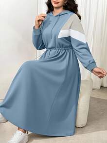 Modelyn 大码女式长袖连帽拼色束腰休闲运动衫连衣裙，秋冬 - 藍色 - 查看 3