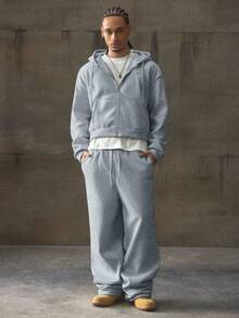 AXEPEAK 男士纯色长袖拉链连帽衫和运动裤休闲套装，秋冬 - 灰色 - 查看 1