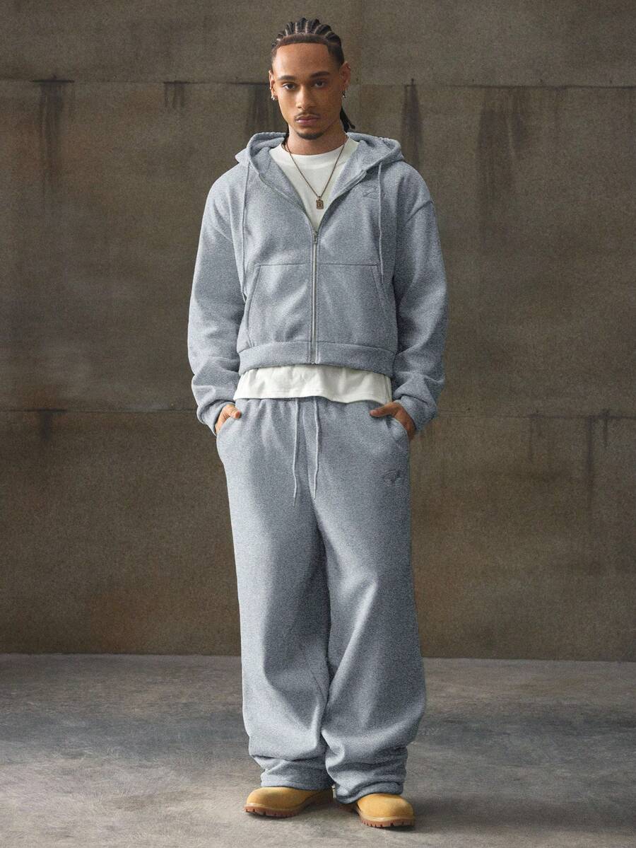 AXEPEAK 男士纯色长袖拉链连帽衫和运动裤休闲套装，秋冬 - 灰色 - 查看 1